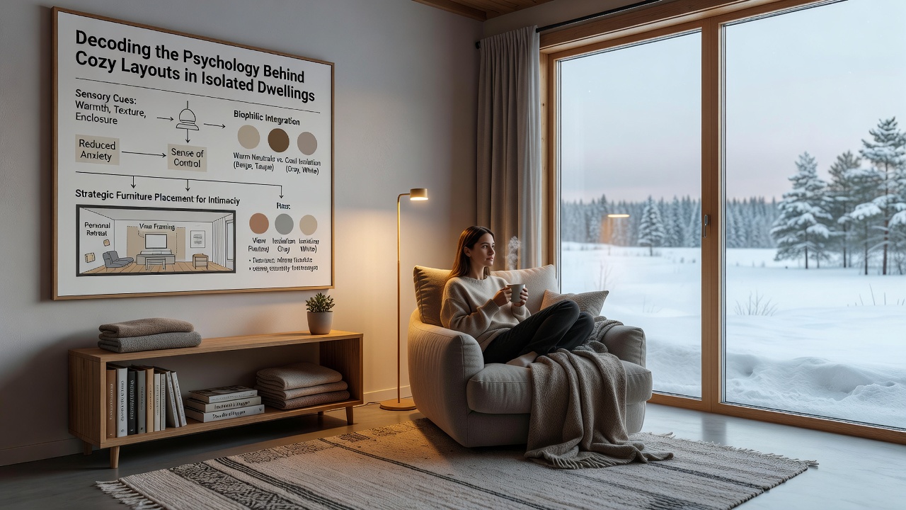 Layout diagram and photo showing zoned areas in an isolated cottage with integrated storage and seating